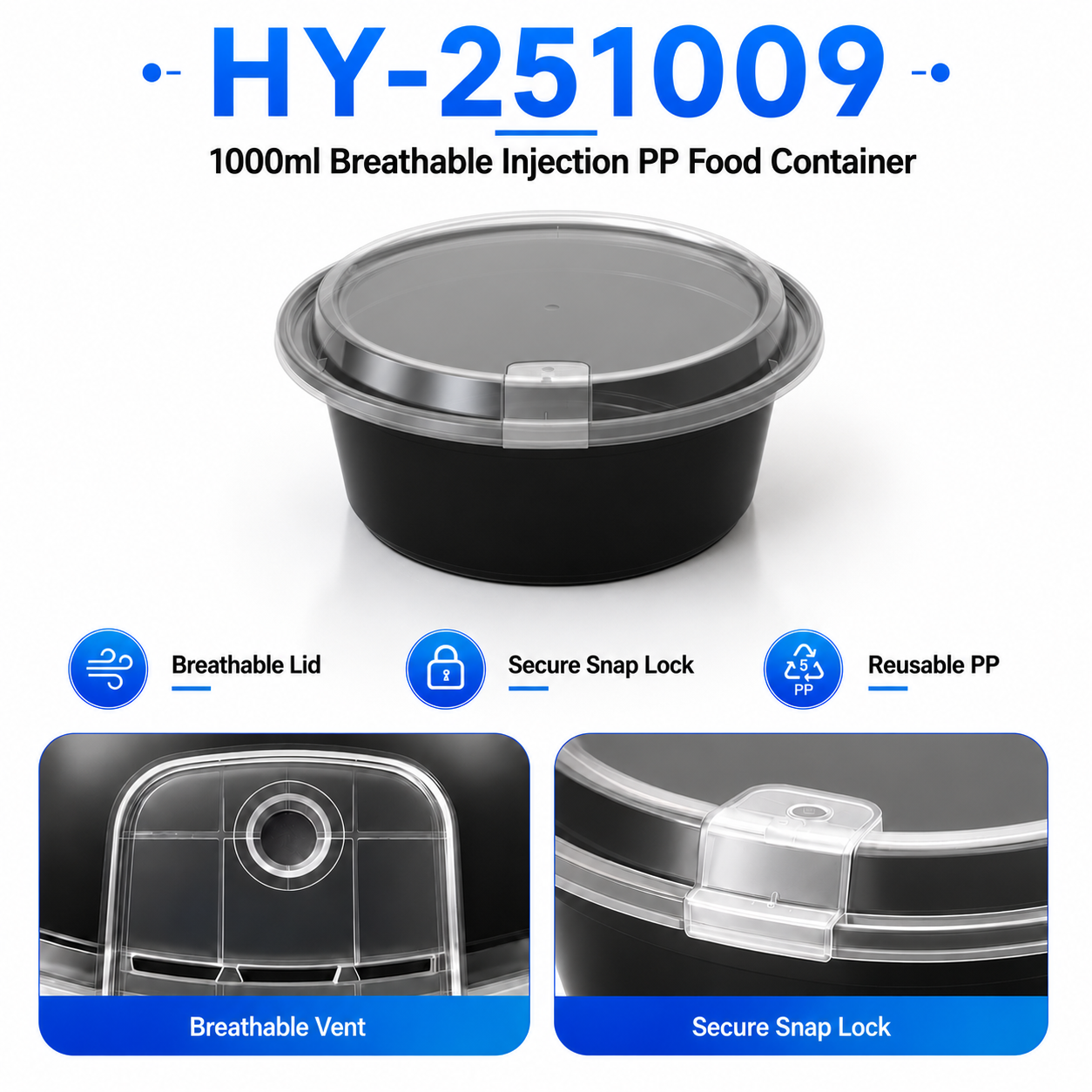 HY-251009 1000ml  Round PP Food Container with Breathable Lid | Takeaway Bowl