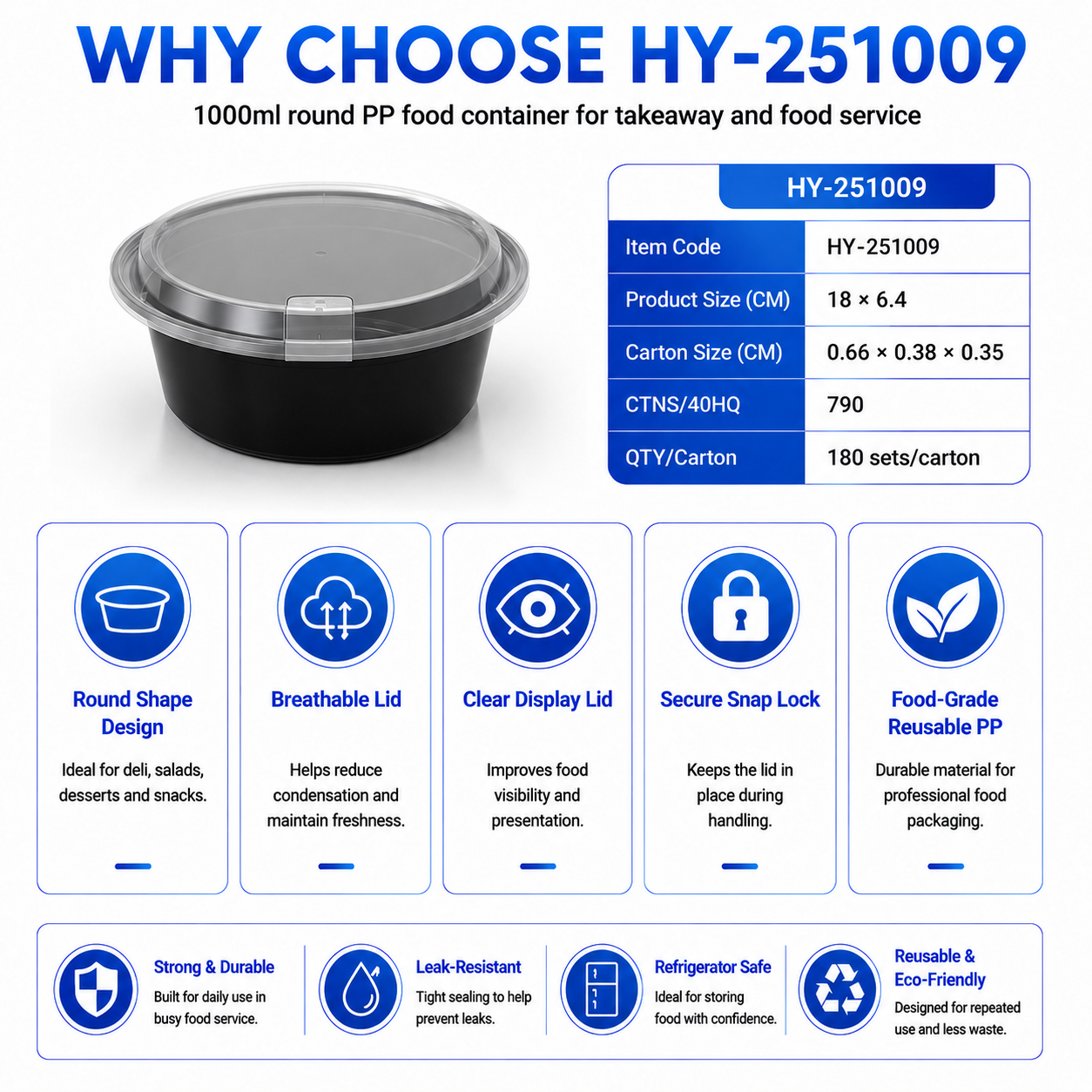 HY-251009 1000ml Round PP Food Container with Breathable Lid | Takeaway Bowl