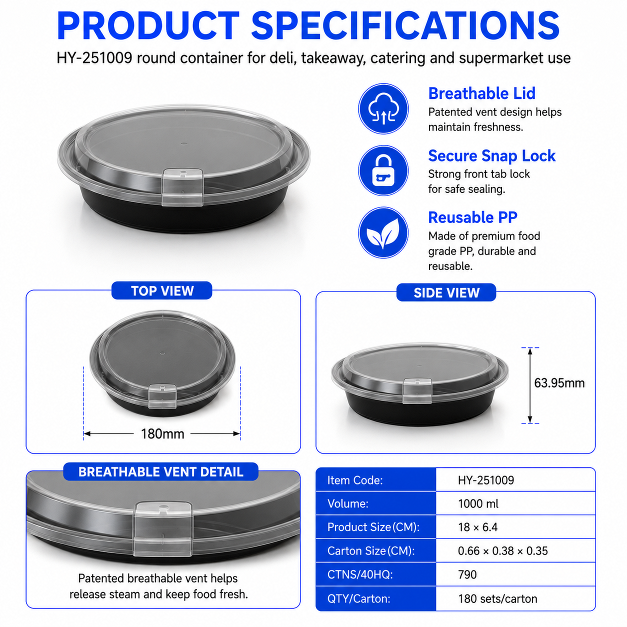 HY-251009 1000ml Round PP Food Container with Breathable Lid | Takeaway Bowl