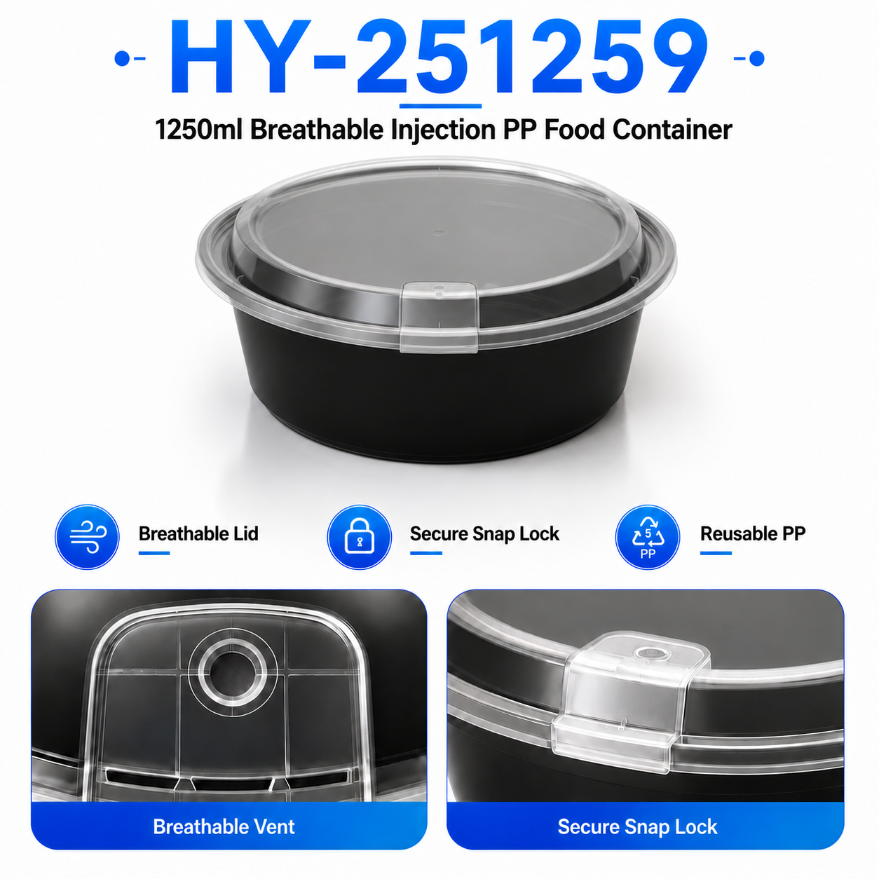 HY-251259 1250ml Round PP Food Container with Breathable Lid | Takeaway Bowl