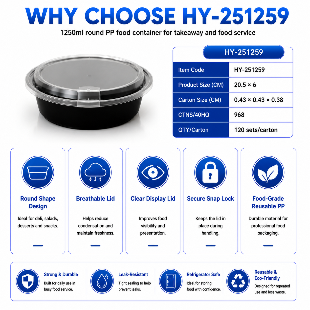 HY-251259 1250ml Round PP Food Container with Breathable Lid | Takeaway Bowl