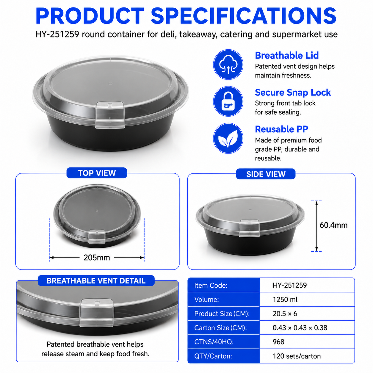 HY-251259 1250ml Round PP Food Container with Breathable Lid | Takeaway Bowl