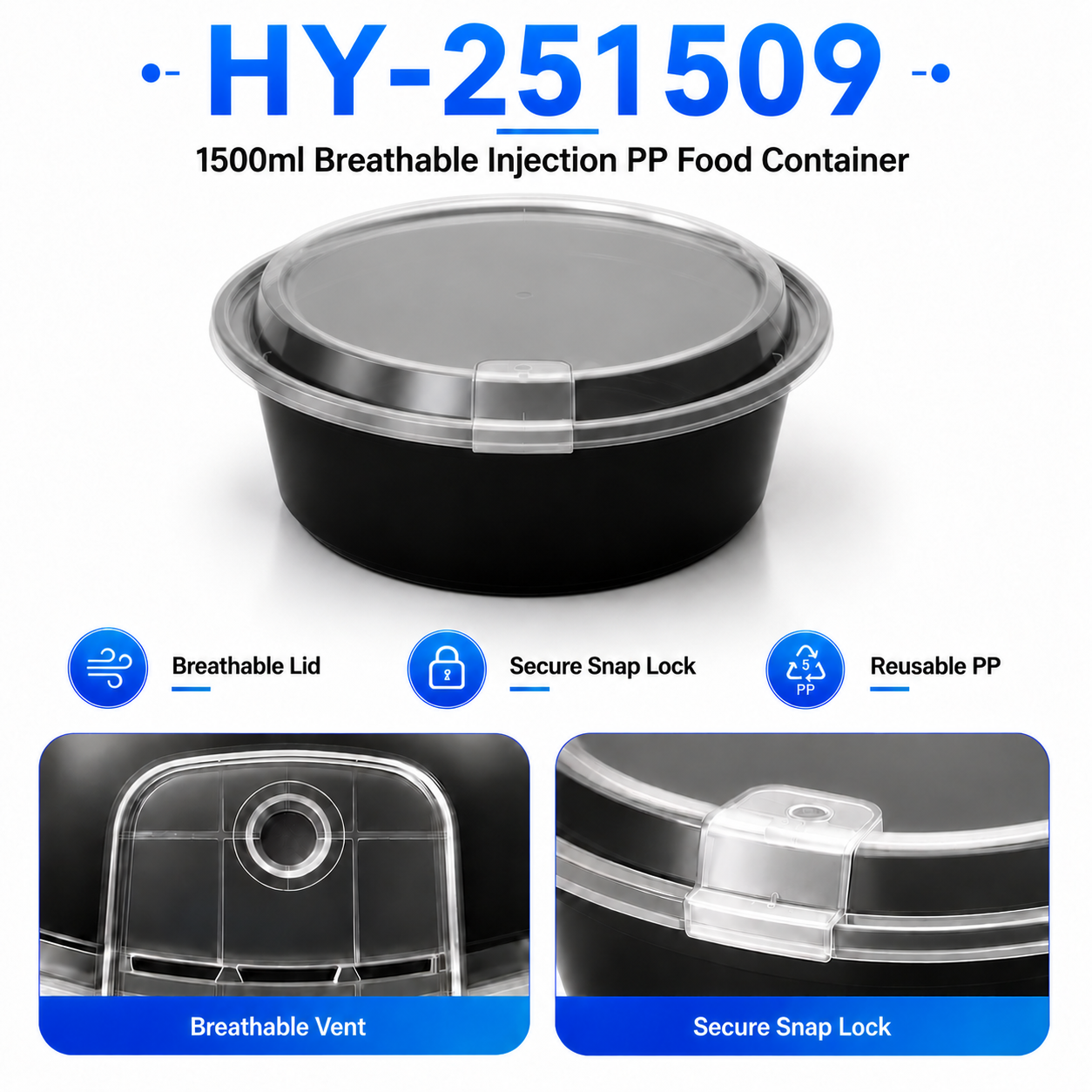 HY-251509 1500ml Round PP Food Container with Breathable Lid | Takeaway Bowl