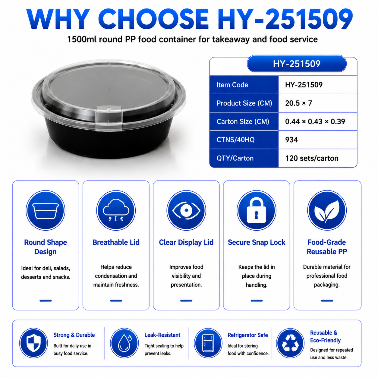HY-251509 1500ml Round PP Food Container with Breathable Lid | Takeaway Bowl
