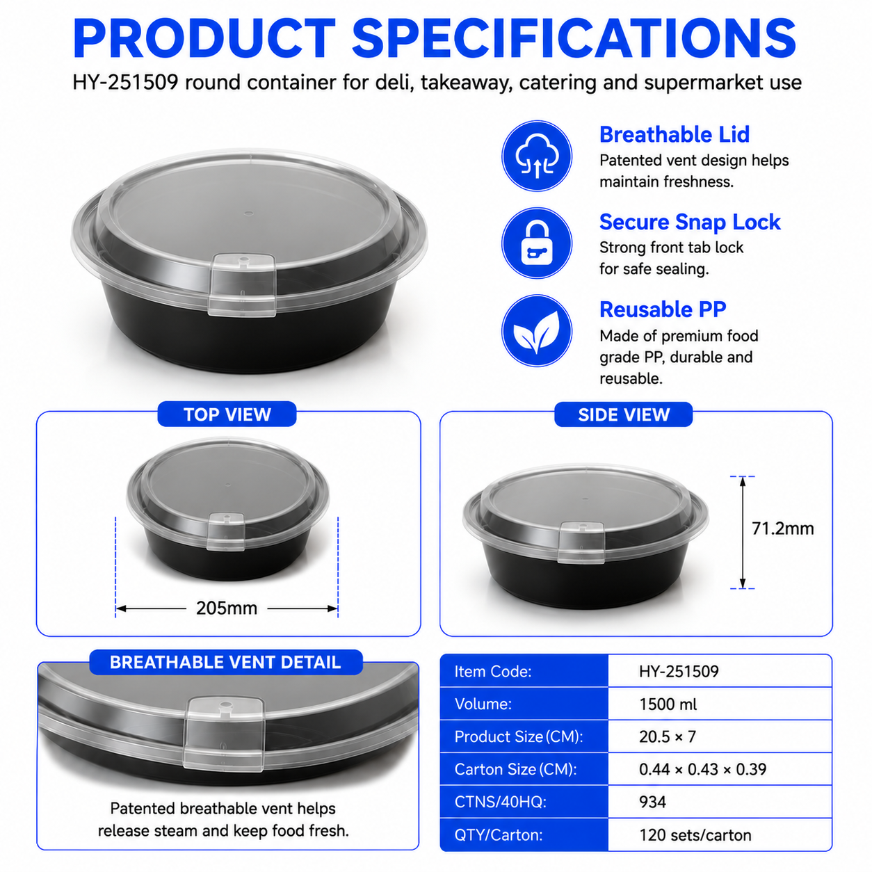 HY-251509 1500ml Round PP Food Container with Breathable Lid | Takeaway Bowl