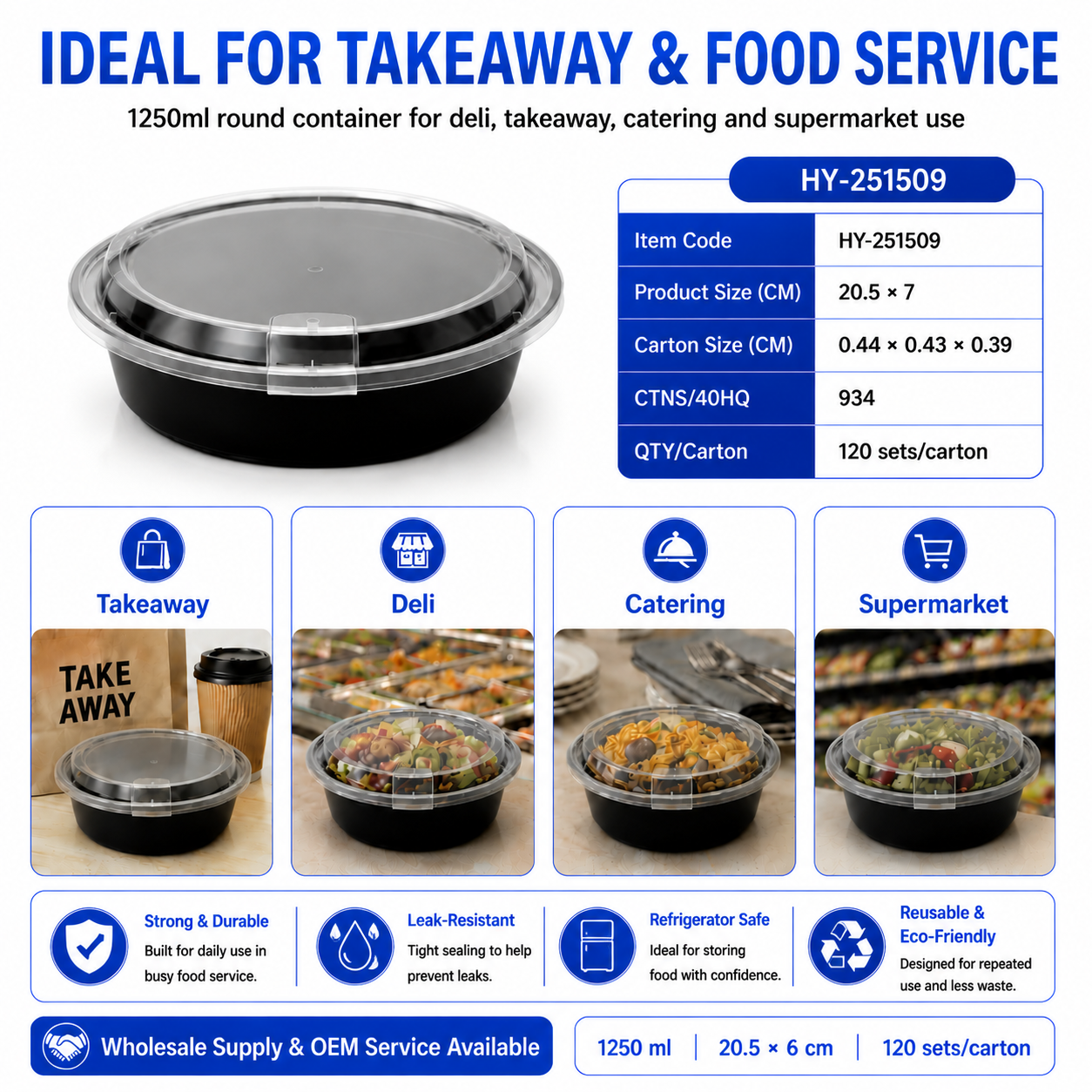 HY-251509 1500ml Round PP Food Container with Breathable Lid | Takeaway Bowl