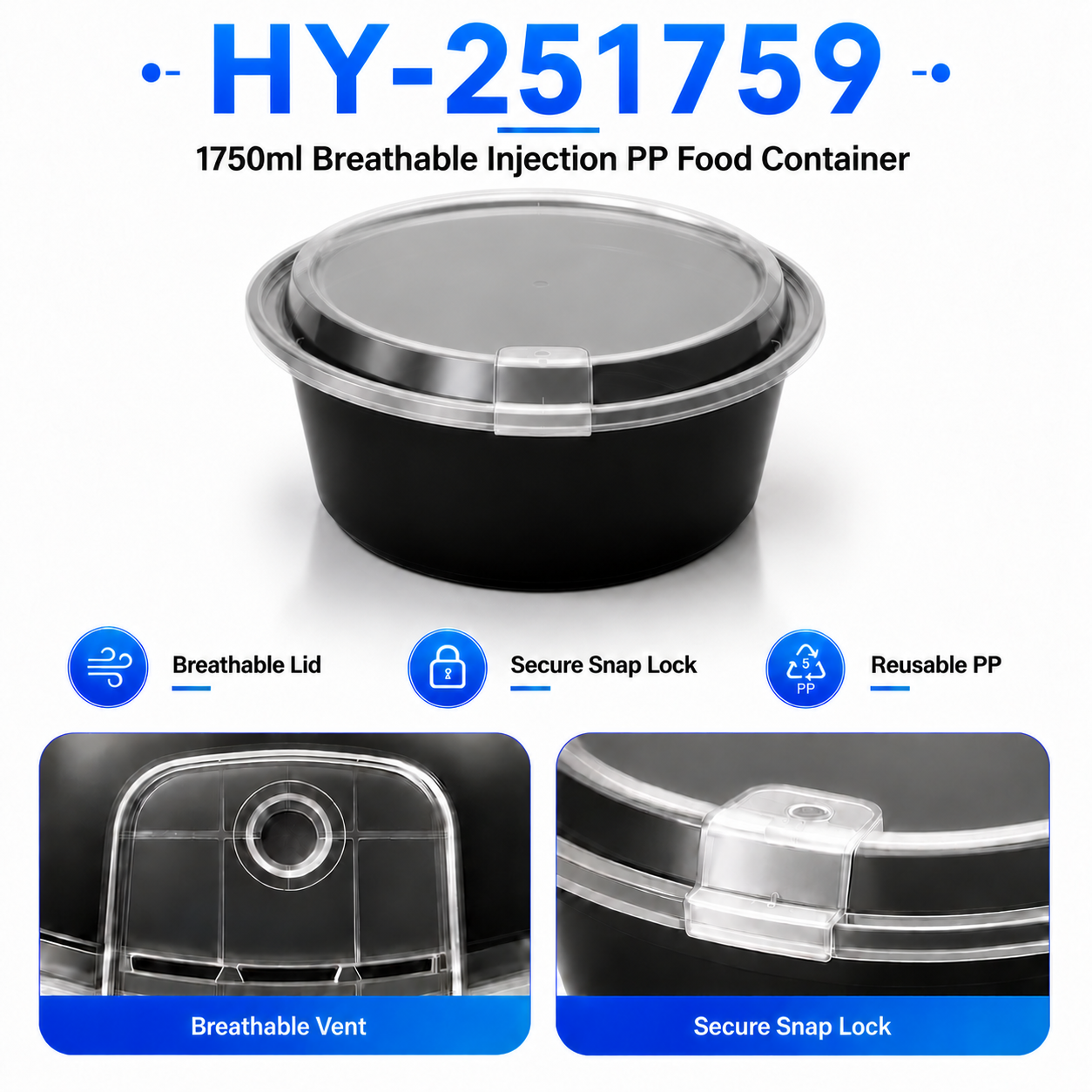 HY-251759 1750ml Round PP Food Container with Breathable Lid | Takeaway Bowl