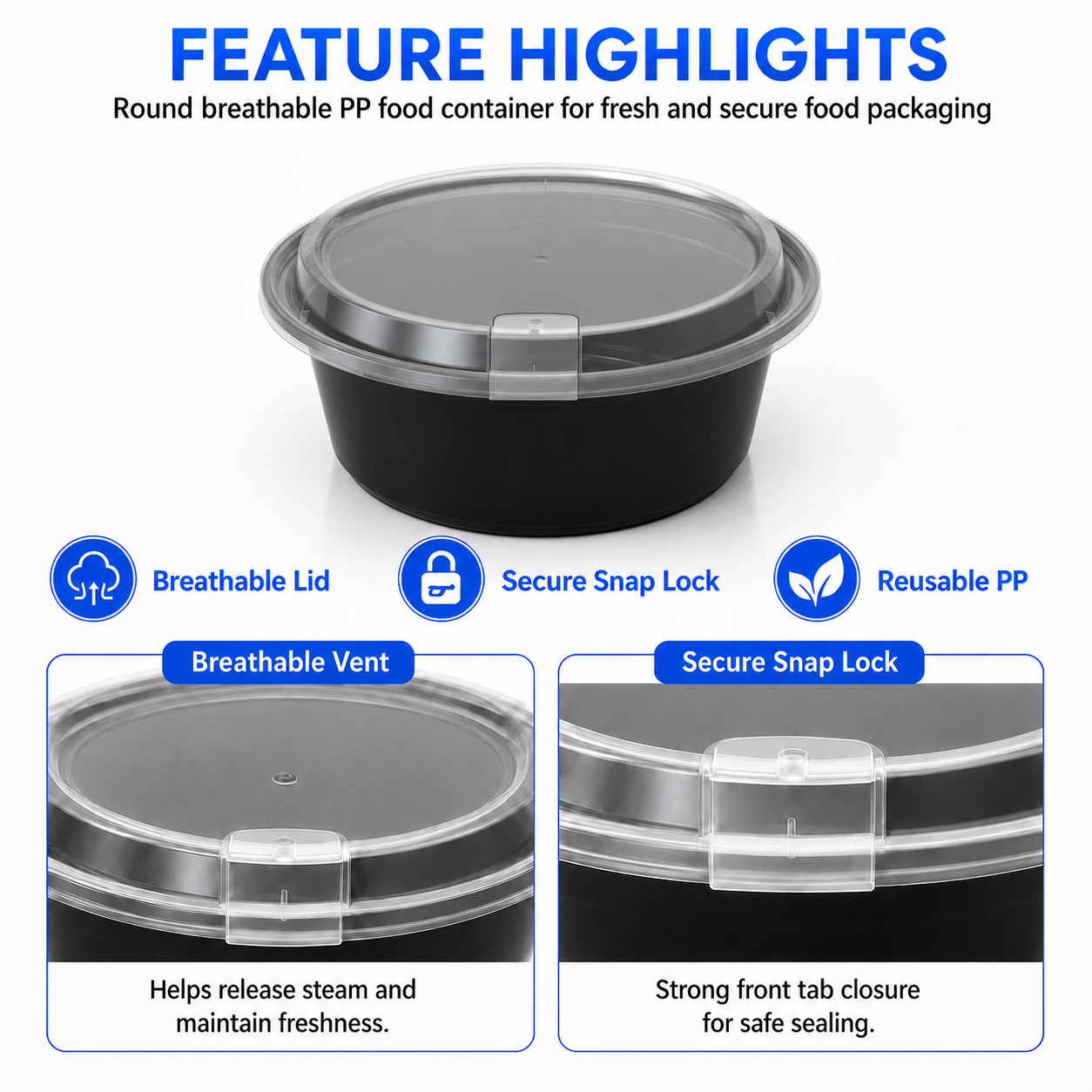 HY-251759 1750ml Round PP Food Container with Breathable Lid | Takeaway Bowl