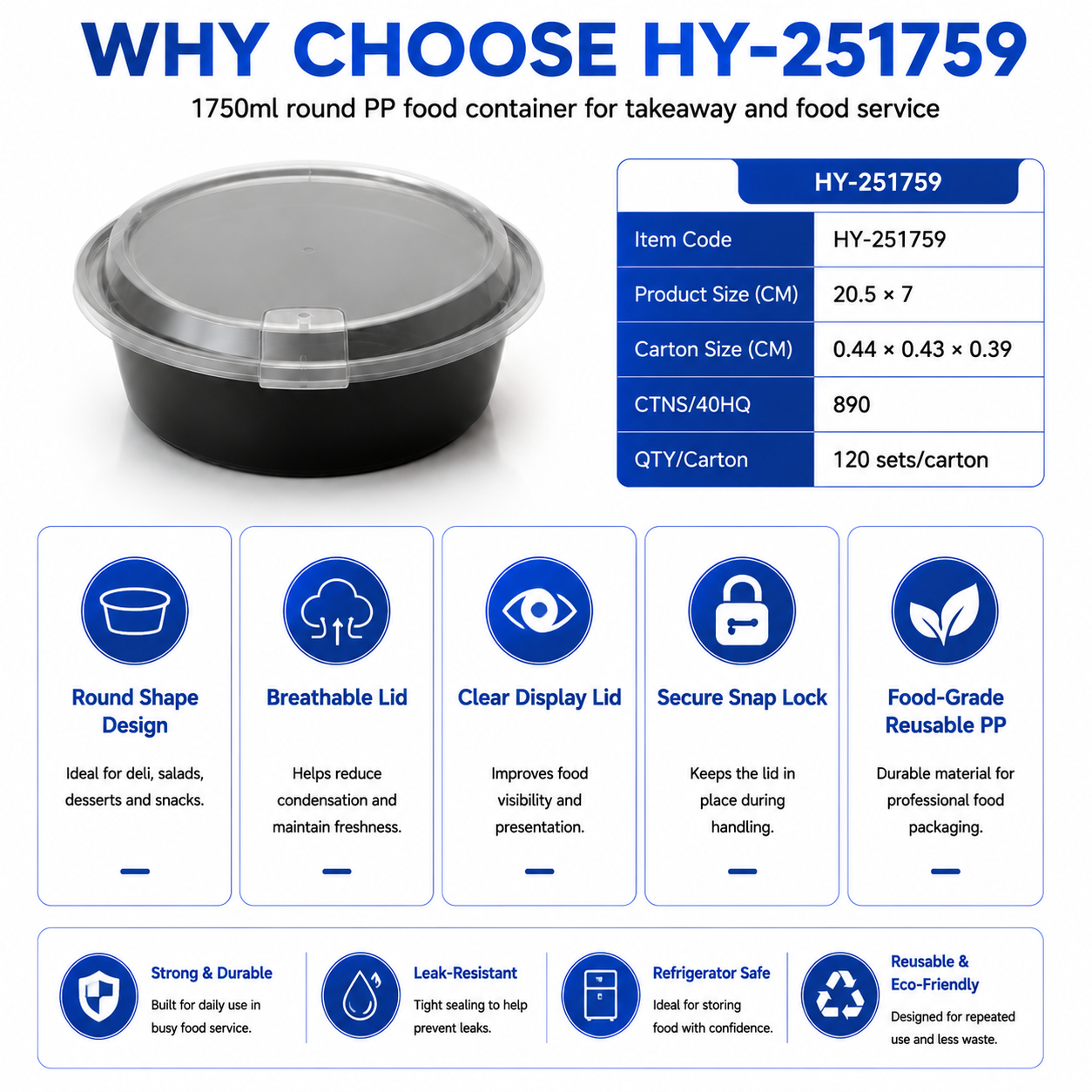 HY-251759 1750ml Round PP Food Container with Breathable Lid | Takeaway Bowl