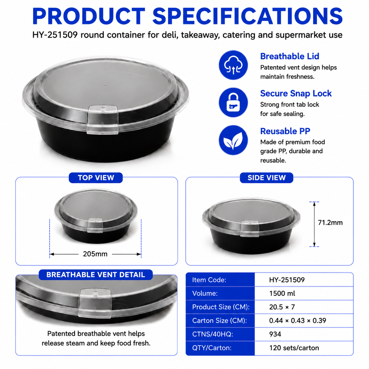 HY-251759 1750ml Round PP Food Container with Breathable Lid | Takeaway Bowl