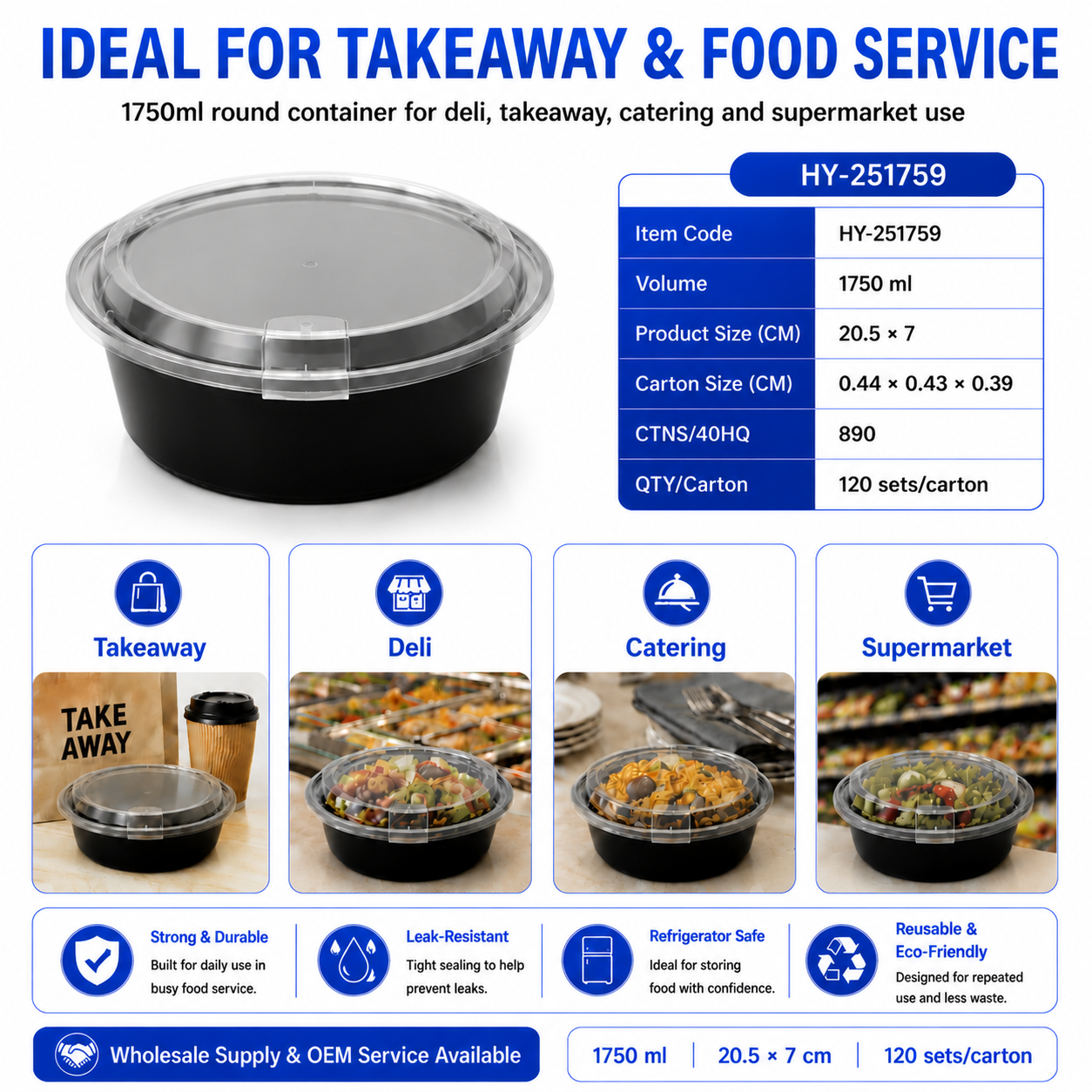 HY-251759 1750ml Round PP Food Container with Breathable Lid | Takeaway Bowl