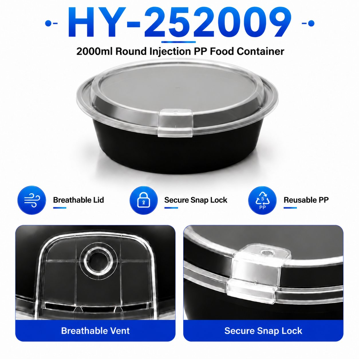 HY-252009 2000ml Round PP Food Container with Vented Lid | Takeaway Bowl