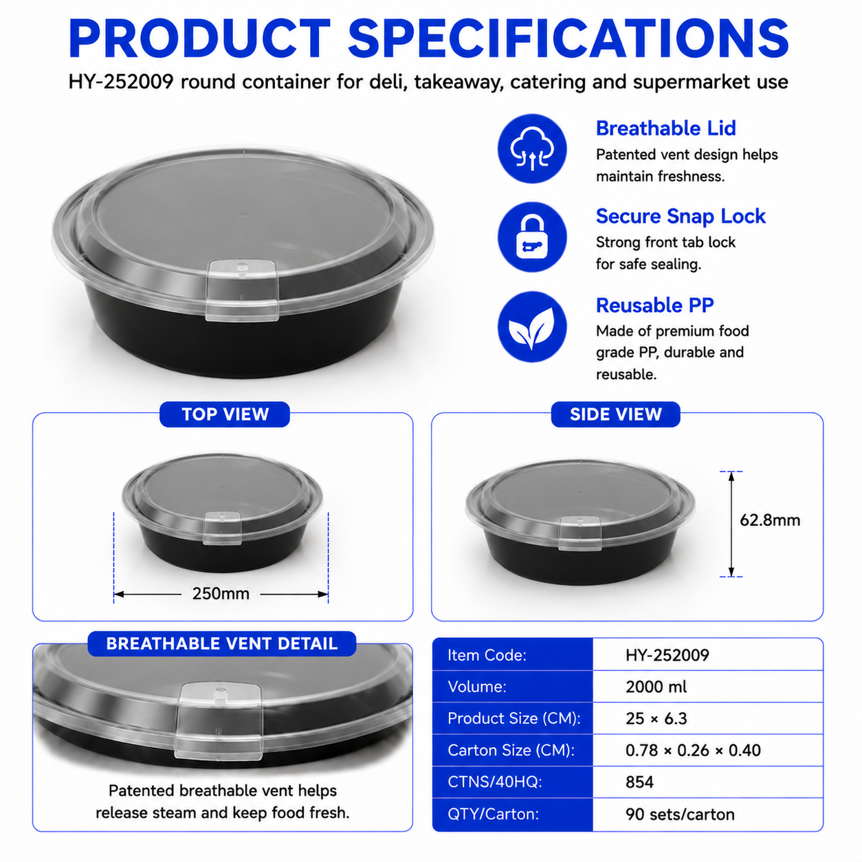 HY-252009 2000ml Round PP Food Container with Vented Lid | Takeaway Bowl