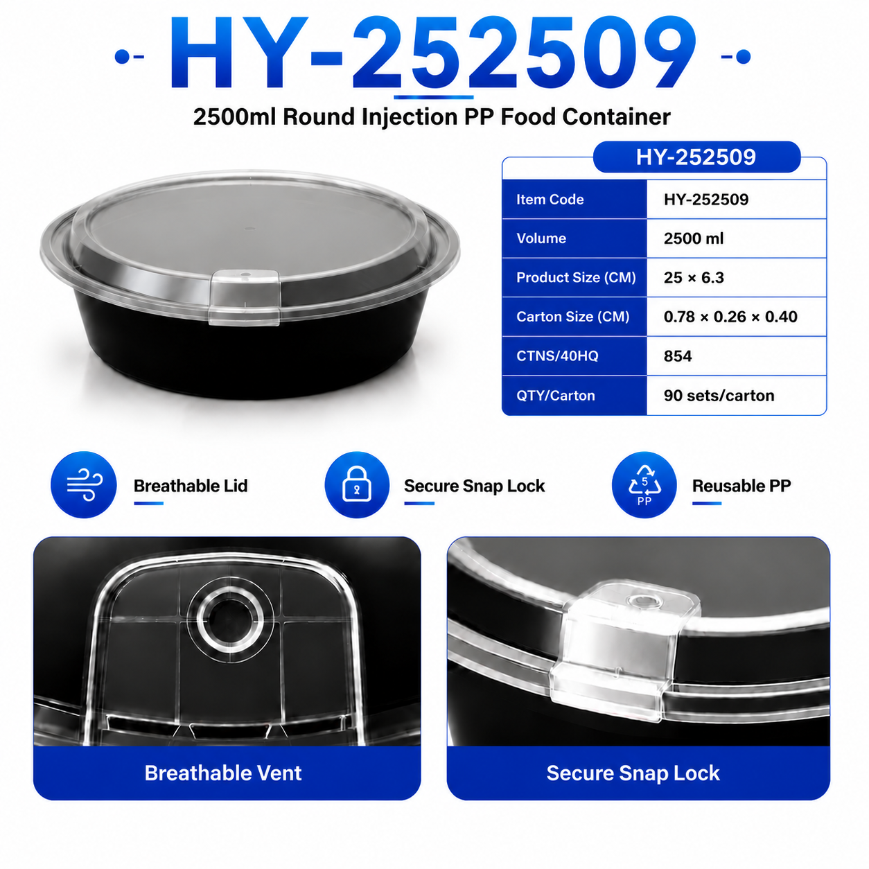 HY-252509 2500ml Round PP Food Container with Vented Lid | Takeaway Bowl