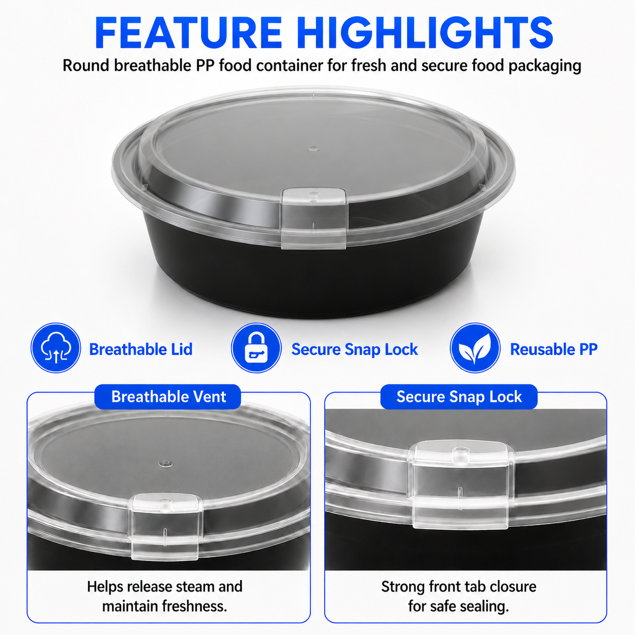 HY-252509 2500ml Round PP Food Container with Vented Lid | Takeaway Bowl