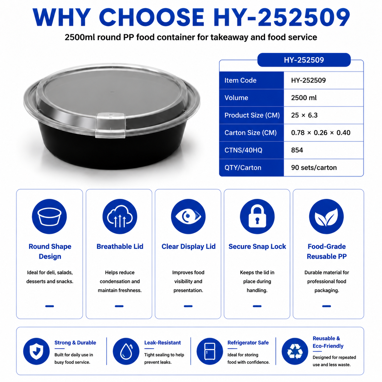 HY-252509 2500ml Round PP Food Container with Vented Lid | Takeaway Bowl