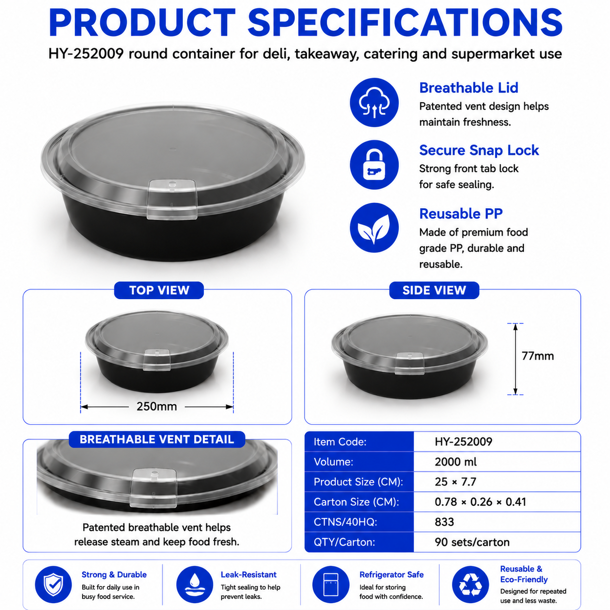 HY-252509 2500ml Round PP Food Container with Vented Lid | Takeaway Bowl