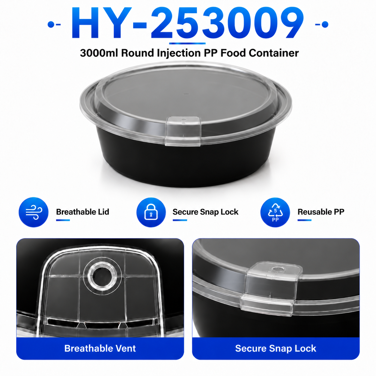 HY-253009 3000ml Round PP Food Container with Vented Lid | Takeaway Bowl
