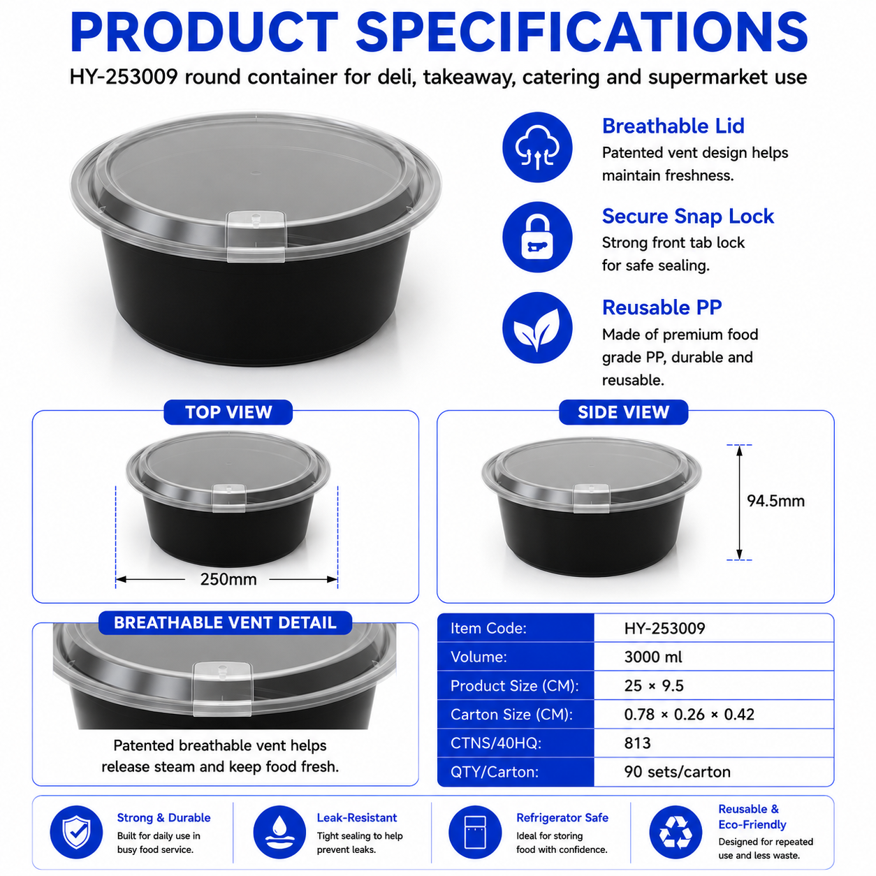 HY-253009 3000ml Round PP Food Container with Vented Lid | Takeaway Bowl