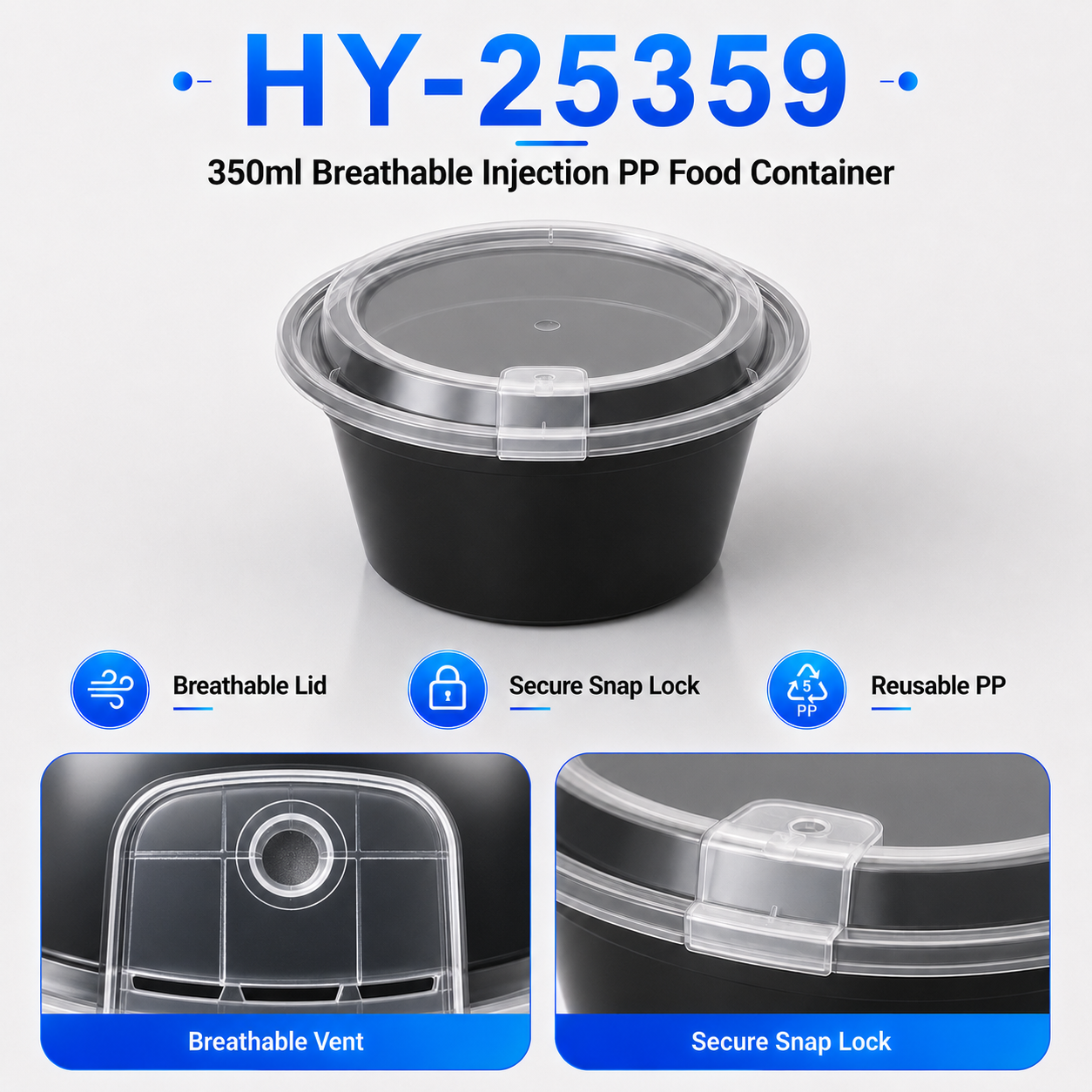 HY-25359 350ml Round PP Food Container with Breathable Lid | Takeaway Bowl