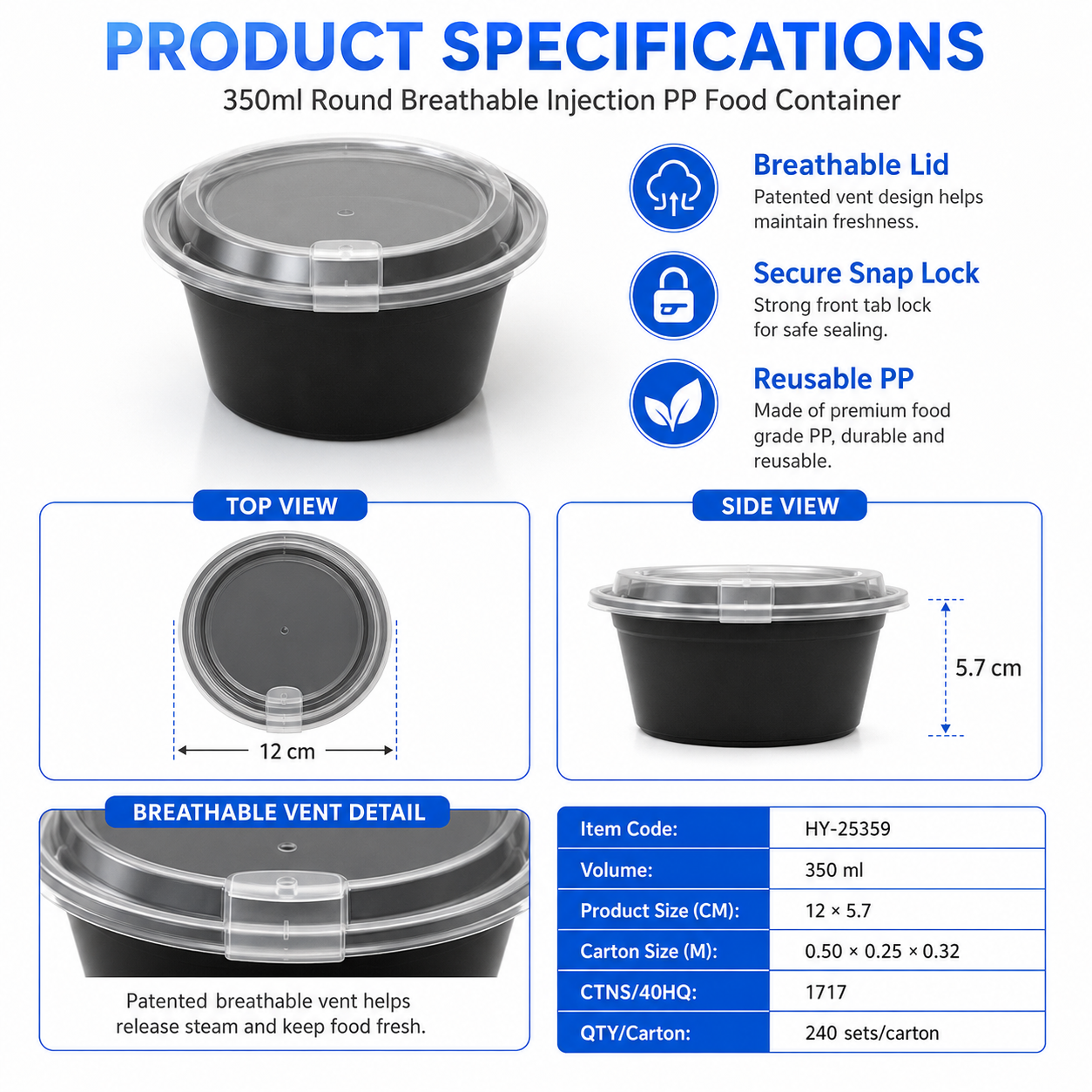 HY-25359 350ml Round PP Food Container with Breathable Lid | Takeaway Bowl