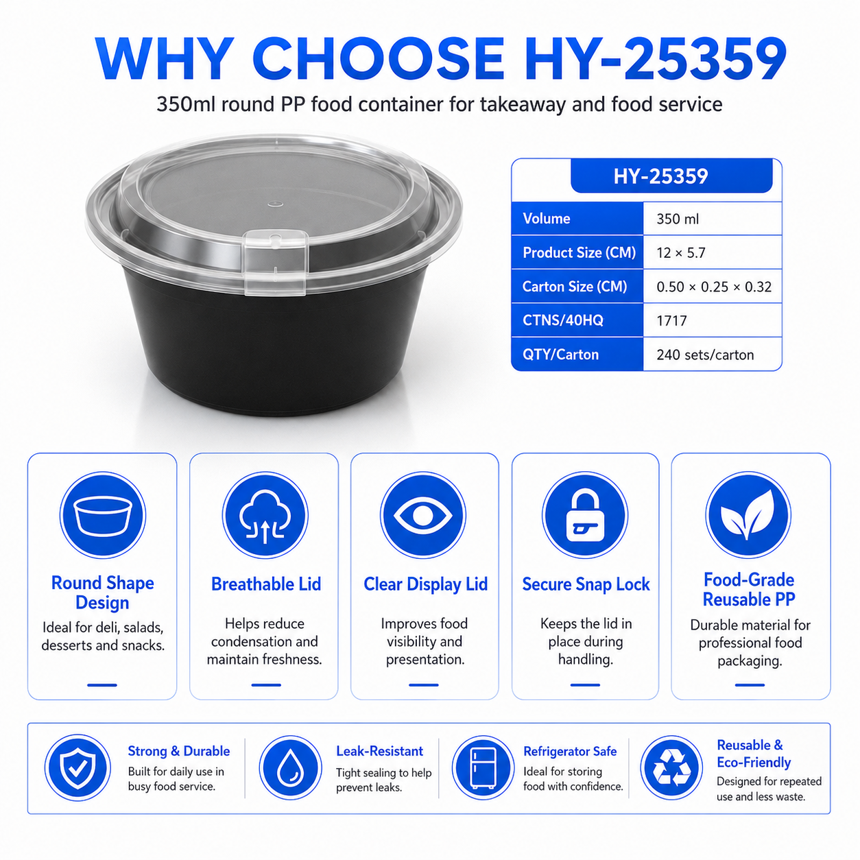 HY-25359 350ml Round PP Food Container with Breathable Lid | Takeaway Bowl