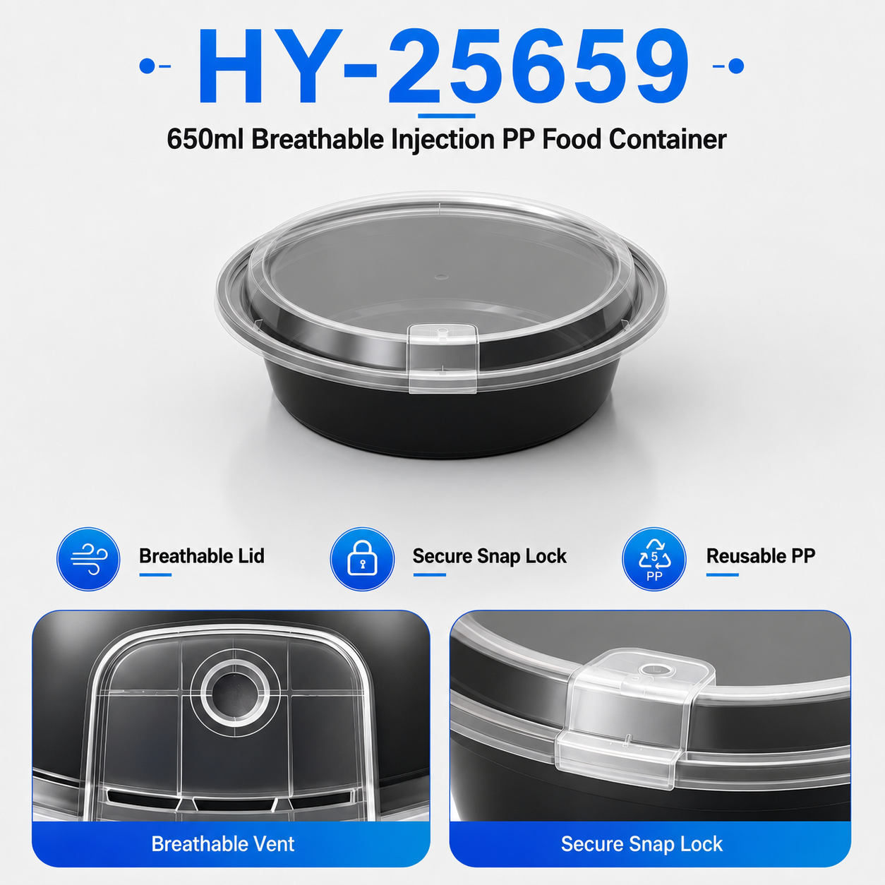 HY-25659 650ml Round PP Food Container with Breathable Lid | Takeaway Bowl