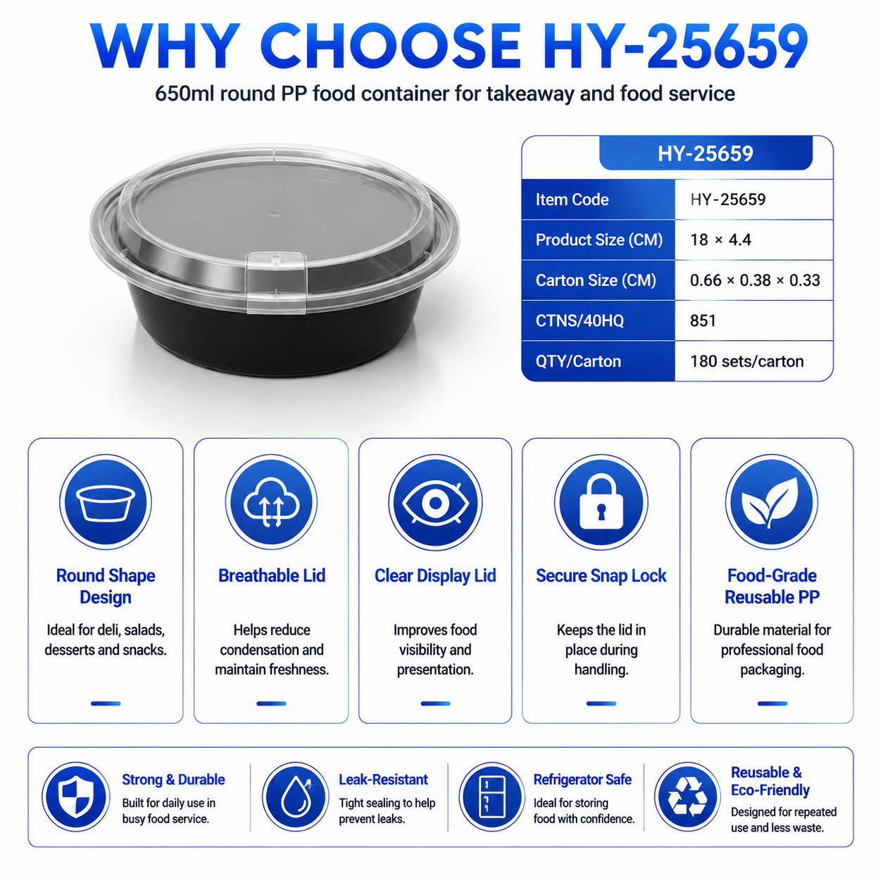 HY-25659 650ml Round PP Food Container with Breathable Lid | Takeaway Bowl