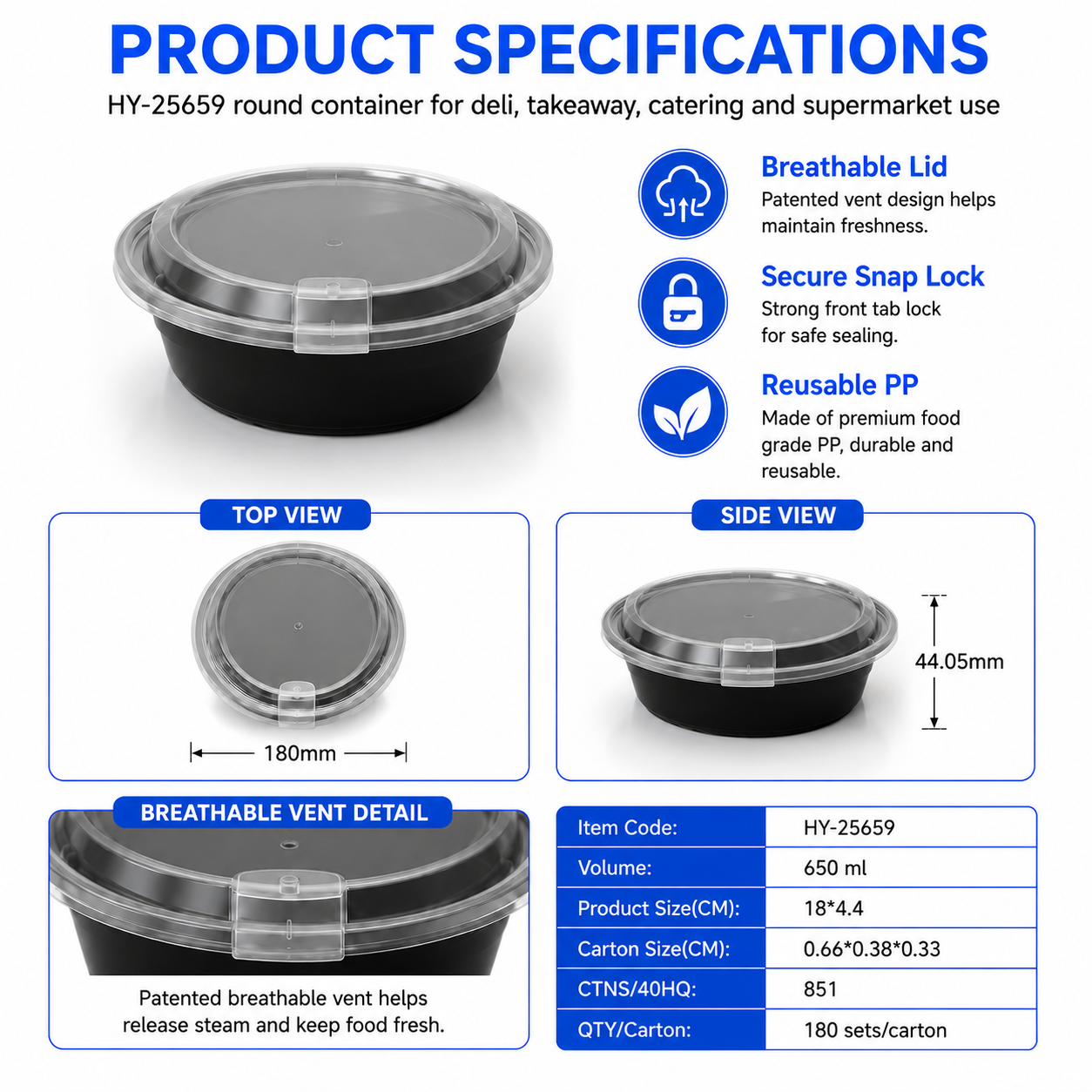 HY-25659 650ml Round PP Food Container with Breathable Lid | Takeaway Bowl