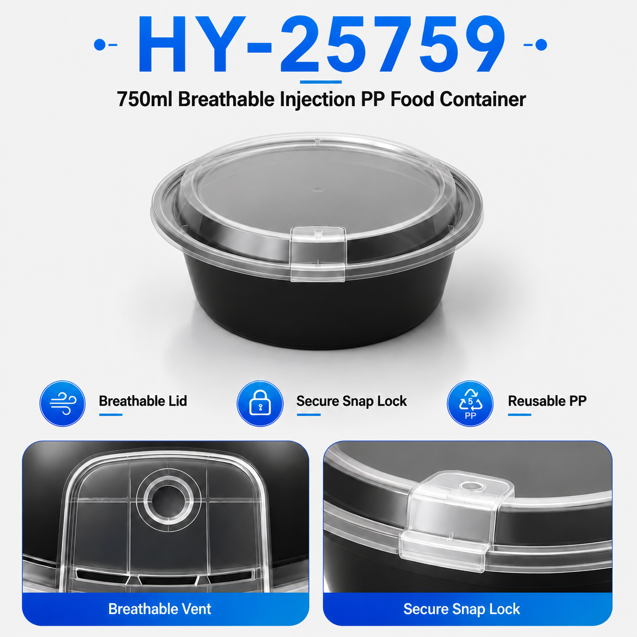 HY-25759 750ml Round PP Food Container with Breathable Lid | Takeaway Bowl