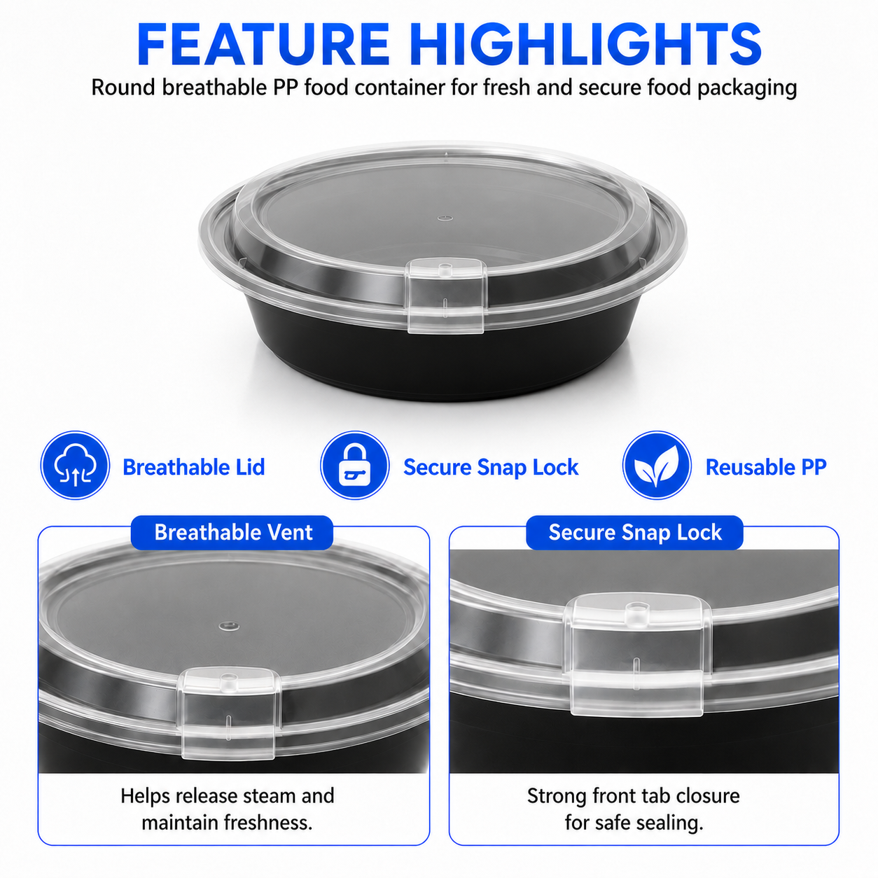 HY-25759 750ml Round PP Food Container with Breathable Lid | Takeaway Bowl