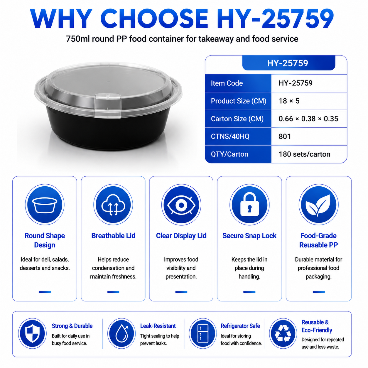 HY-25759 750ml Round PP Food Container with Breathable Lid | Takeaway Bowl