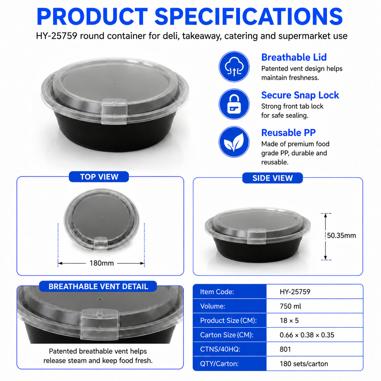 HY-25759 750ml Round PP Food Container with Breathable Lid | Takeaway Bowl