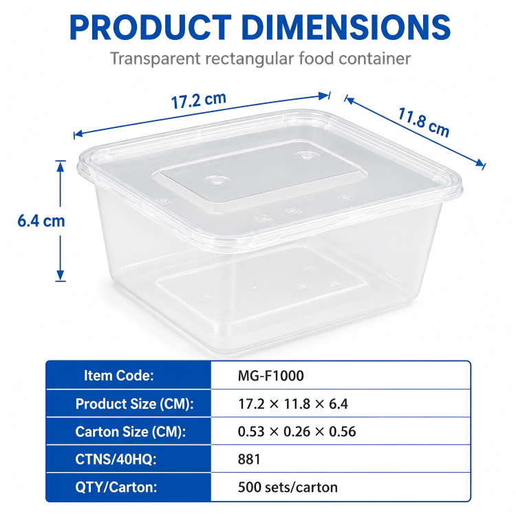 MG-F1000 1000ml Clear Rectangular PP Food Container with Lid