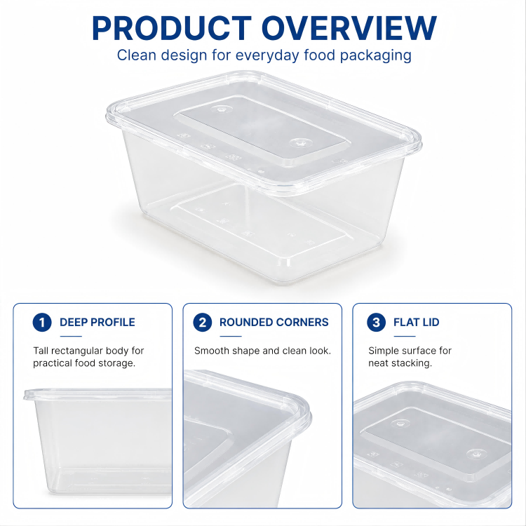 MG-F1000 1000ml Clear Rectangular PP Food Container with Lid