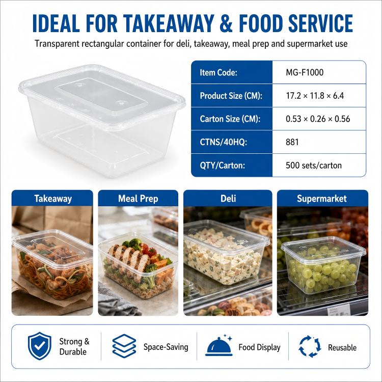 MG-F1000 1000ml Clear Rectangular PP Food Container with Lid