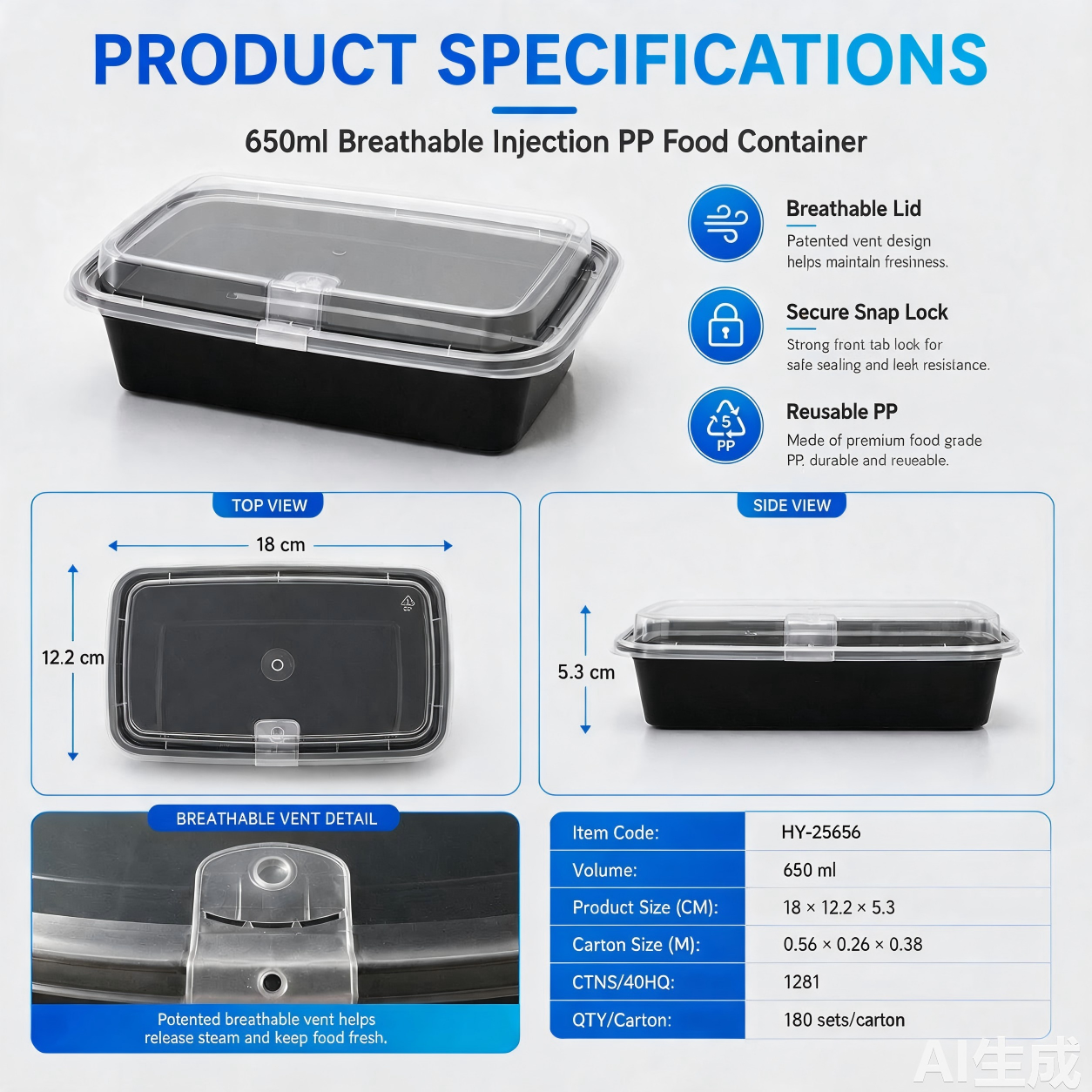 HY-25656 650ml Rectangular PP Food Container with Vented Lid | Takeaway Container