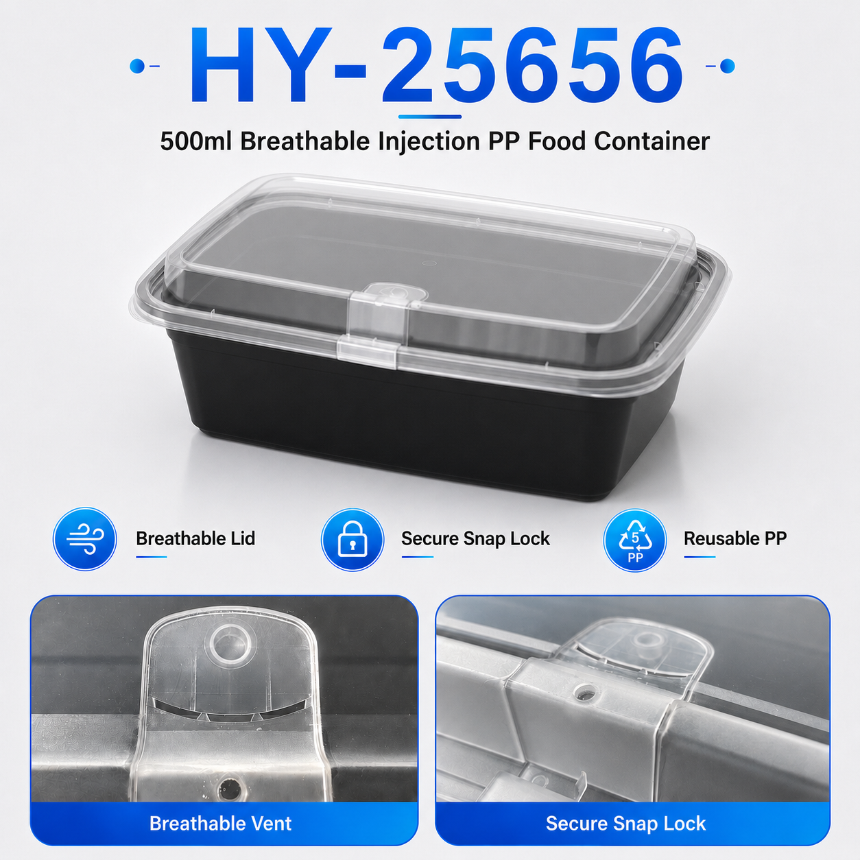 HY-25656 650ml Rectangular PP Food Container with Vented Lid | Takeaway Container