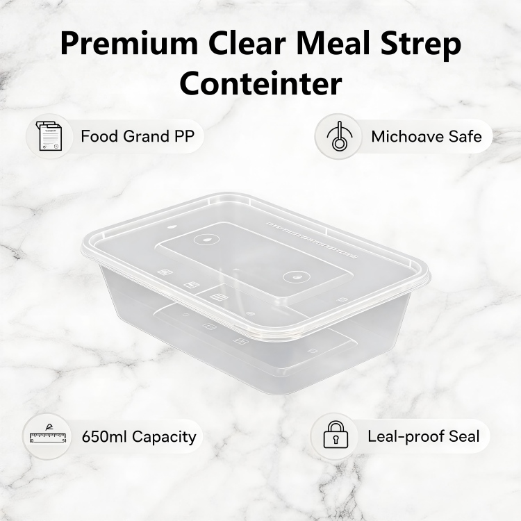 MG-F650 650ml Clear Rectangular Food Grade PP Disposable Food Containers With Lids, Microwave Safe Leakproof Takeout Meal Prep Storage Boxes