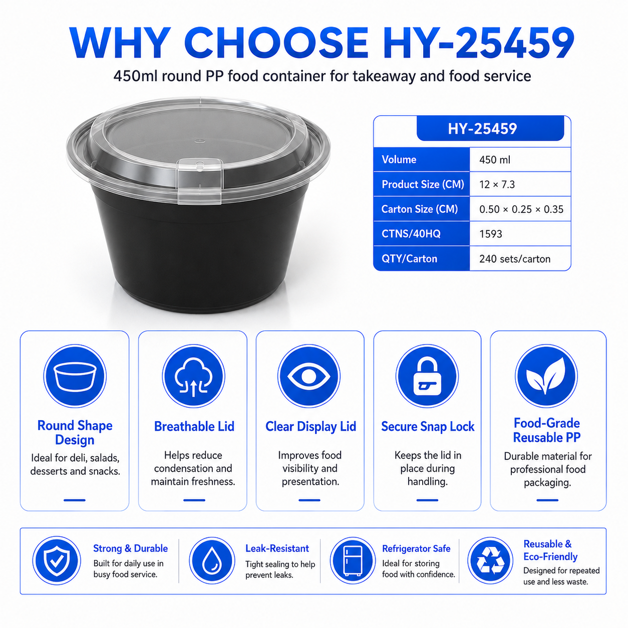 HY-25459 450ml Round PP Food Container with Breathable Lid | Takeaway Bowl