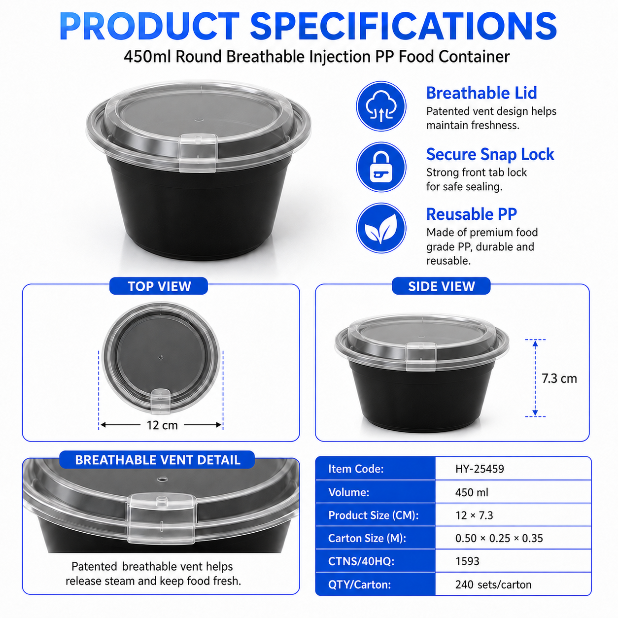 HY-25459 450ml Round PP Food Container with Breathable Lid | Takeaway Bowl