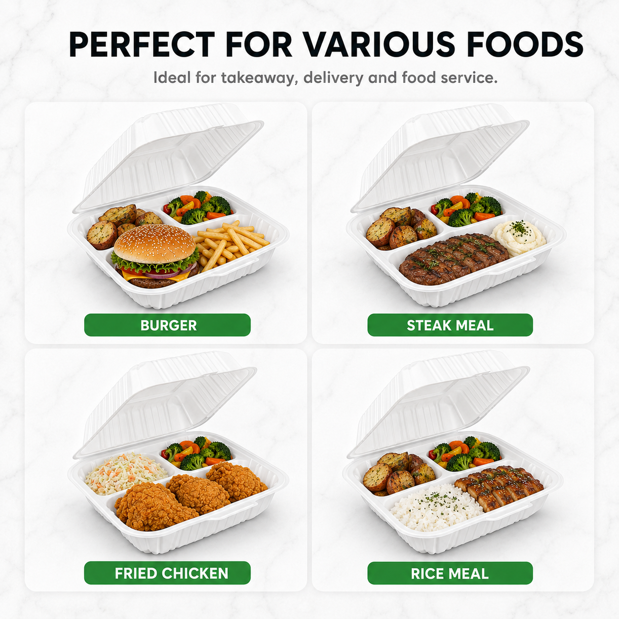 ZT-083 8 Inch 3-Compartment MFPP Clamshell Takeout Container