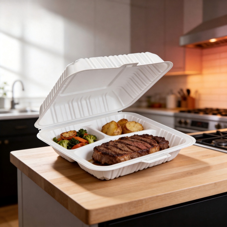 ZT-073 7 Inch 3 Compartment Insert Lock Food Grade MFPP Square Clamshell Containers, Microwave Safe Divided Disposable Takeout Lunch Boxes for Meal Prep