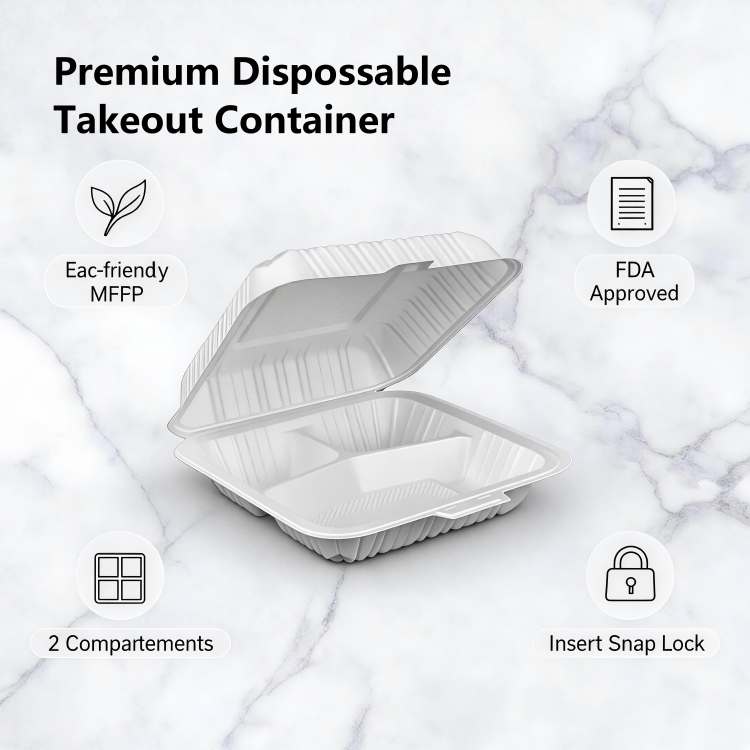 ZT-073 7 Inch 3 Compartment Insert Lock Food Grade MFPP Square Clamshell Containers, Microwave Safe Divided Disposable Takeout Lunch Boxes for Meal Prep