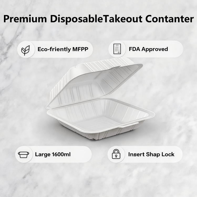 ZT-081 8 Inch Large Single Compartment Insert Lock Food Grade MFPP Square Clamshell Containers, Microwave Safe Disposable Takeout Lunch Boxes for Full Size Meals