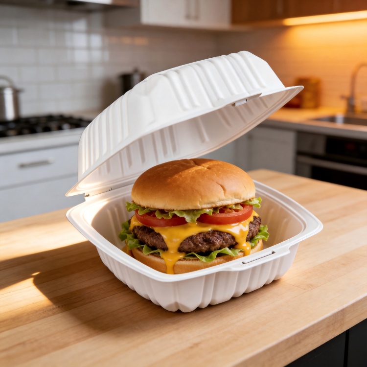 ZT-601 6 Inch Deep Single Compartment Insert Lock Food Grade MFPP Square Burger Clamshell Containers, Microwave Safe Disposable Fast Food Takeout Boxes for Hamburger & Sandwich