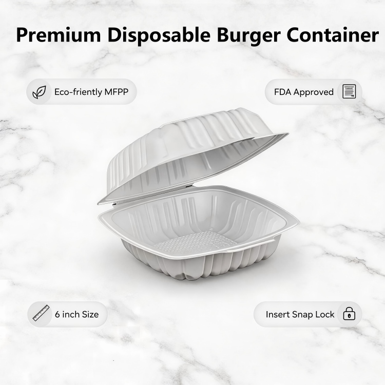 ZT-601 6 Inch Deep Single Compartment Insert Lock Food Grade MFPP Square Burger Clamshell Containers, Microwave Safe Disposable Fast Food Takeout Boxes for Hamburger & Sandwich