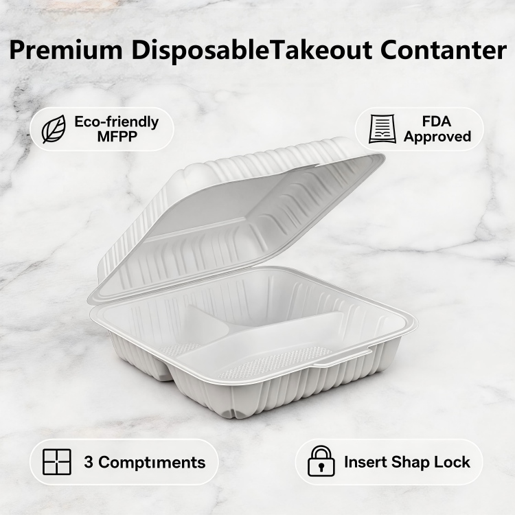 ZT-903 9 Inch 3 Compartment Insert Lock Food Grade MFPP Square Clamshell Containers, Microwave Safe Divided Disposable Deep Takeout Lunch Boxes for Meal Prep & Catering