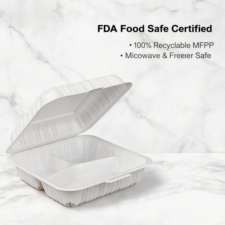 ZT-903 9 Inch 3 Compartment Insert Lock Food Grade MFPP Square Clamshell Containers, Microwave Safe Divided Disposable Deep Takeout Lunch Boxes for Meal Prep & Catering